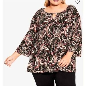 Avenue Womens Paisley Smocked Tunic Top Black Pink‎ Bell Sleeve Keyhole Blouse